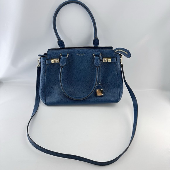 HENRI BENDEL CARLYLE Caviar Tumbled Teal Blue Leather Satchel Tote Bag Crossbody - Picture 2 of 10